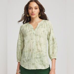 Chico's Lurex Stripe Light Green Patterned Cotton Blouse